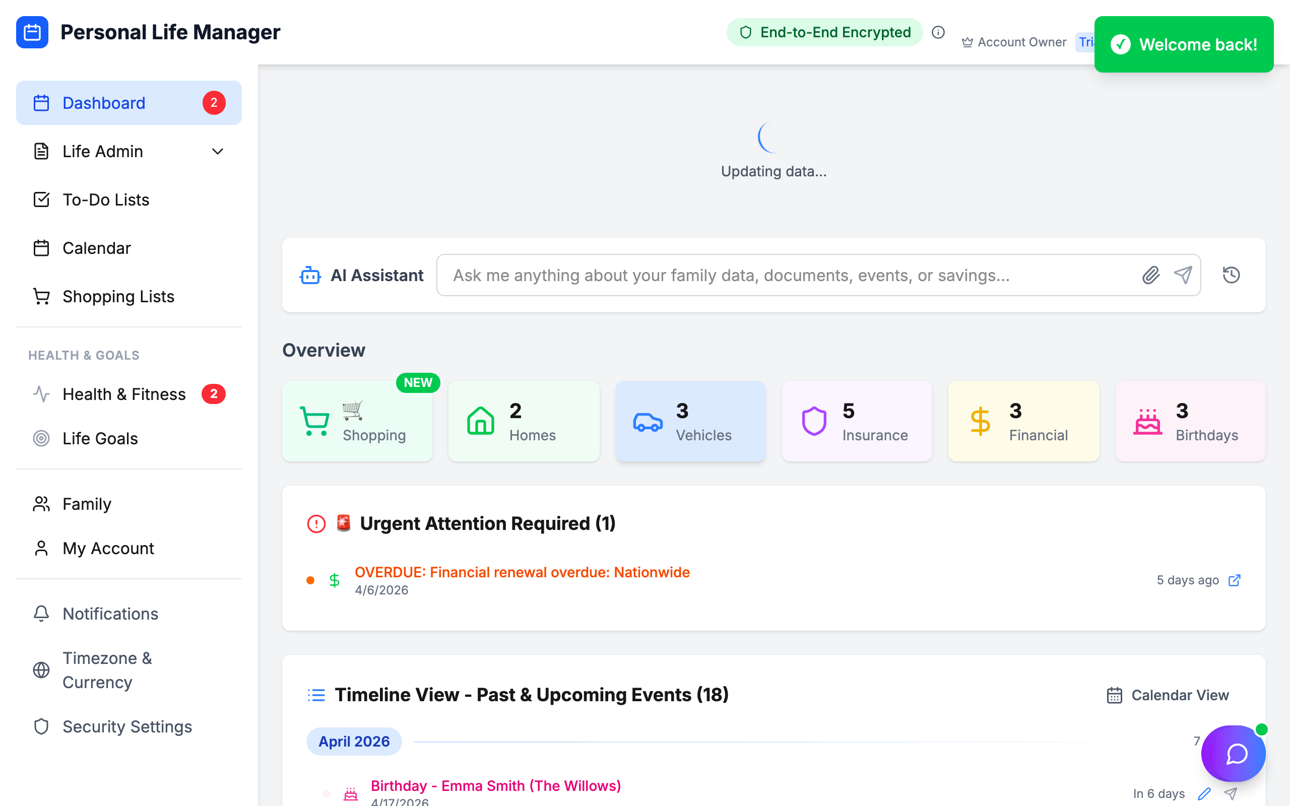 Personal Life Manager Dashboard - track birthdays, renewals, health, and family events all in one place