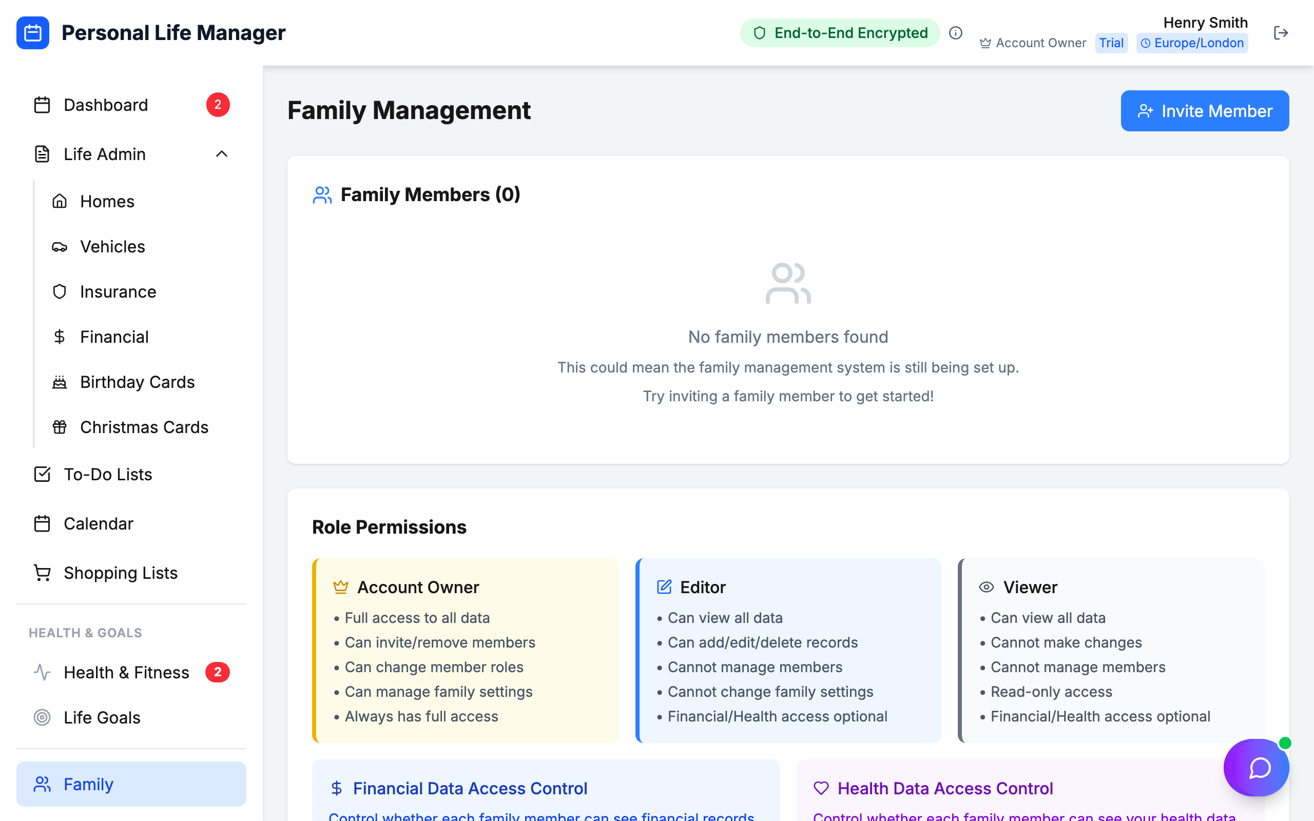 Family sharing dashboard with member roles and permissions