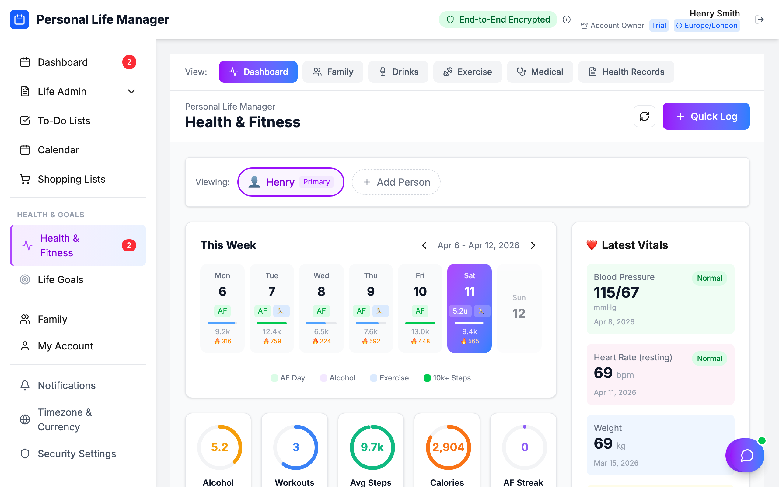 Health and fitness tracker showing steps, workouts, vitals, blood pressure, and weekly activity