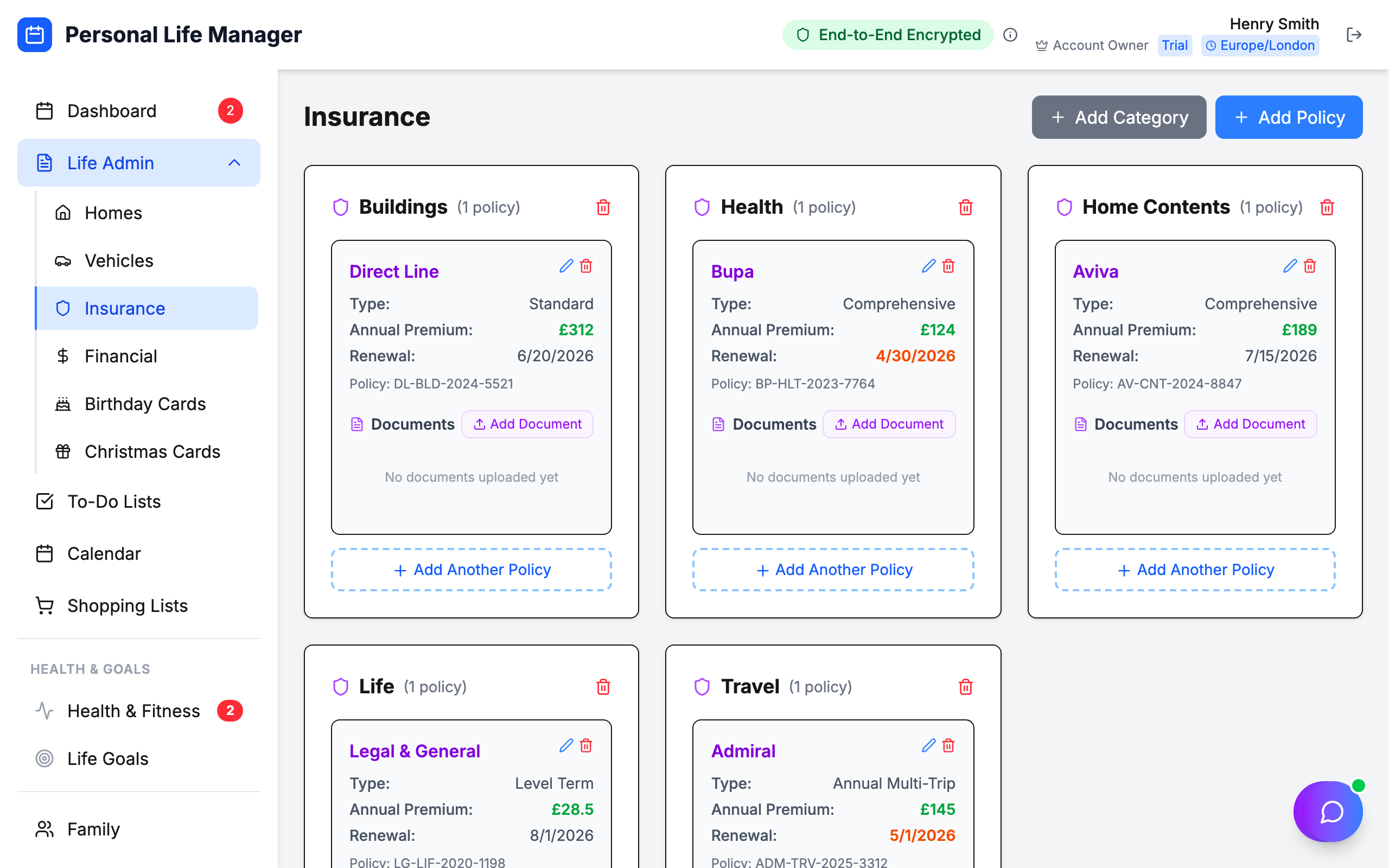 Insurance tracking dashboard showing all policies organized by category with renewal dates