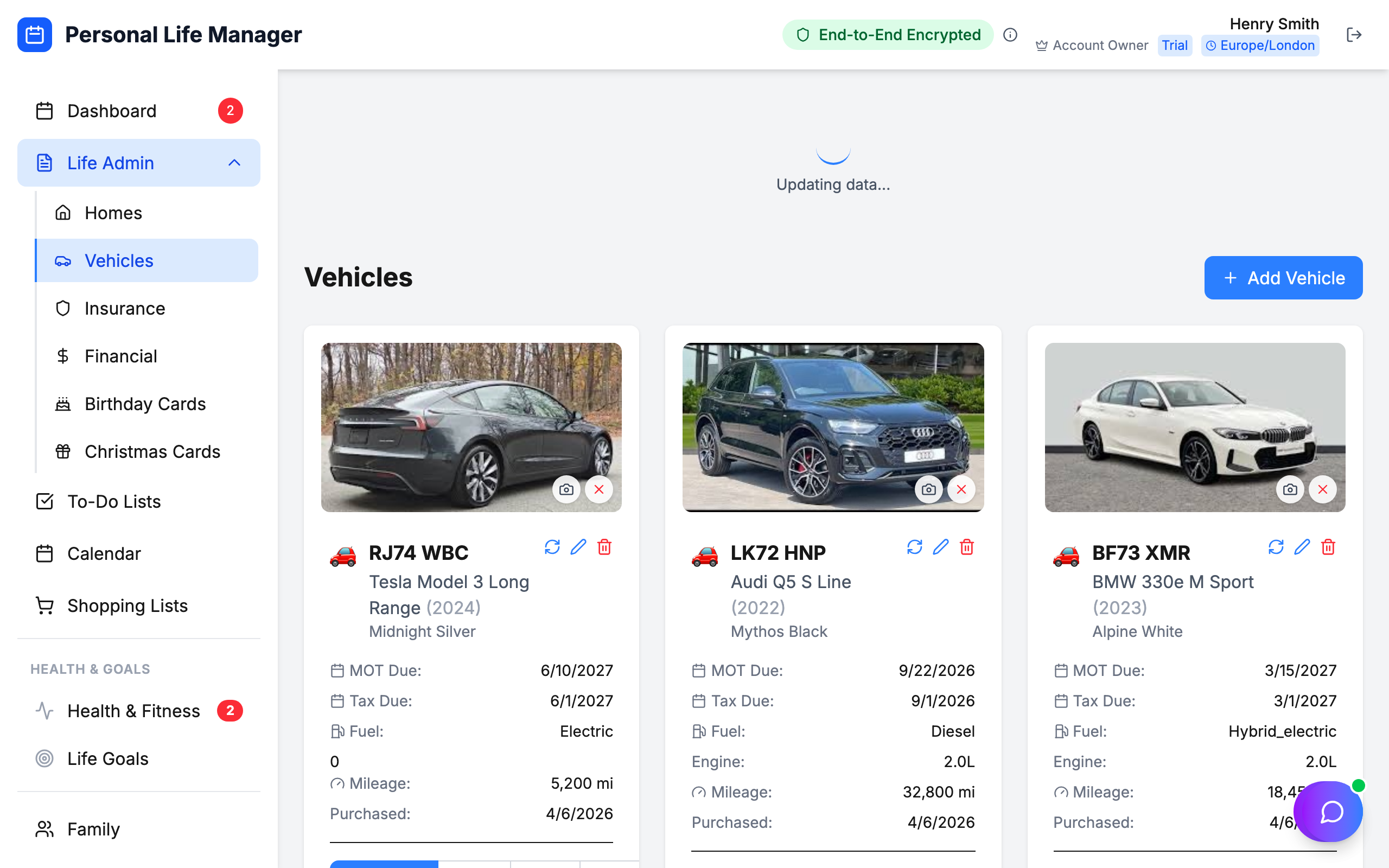 Vehicle management dashboard showing annual inspection dates, tax renewals, and maintenance for multiple cars